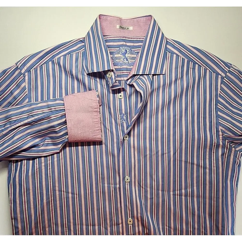 Bugatchi Mens Size Medium Long‎ Sleeve Button Down Blue/Pink Stripes